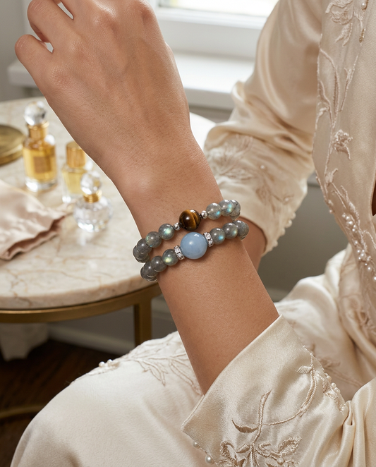 “Cosmic Message” Aquamarine and Moonstone Tiger Eye Double Layer Bracelet