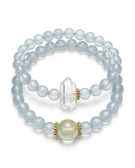 Dawn Natural White & Yellow Double-Terminated Crystal + Aquamarine Beaded Bracelet
