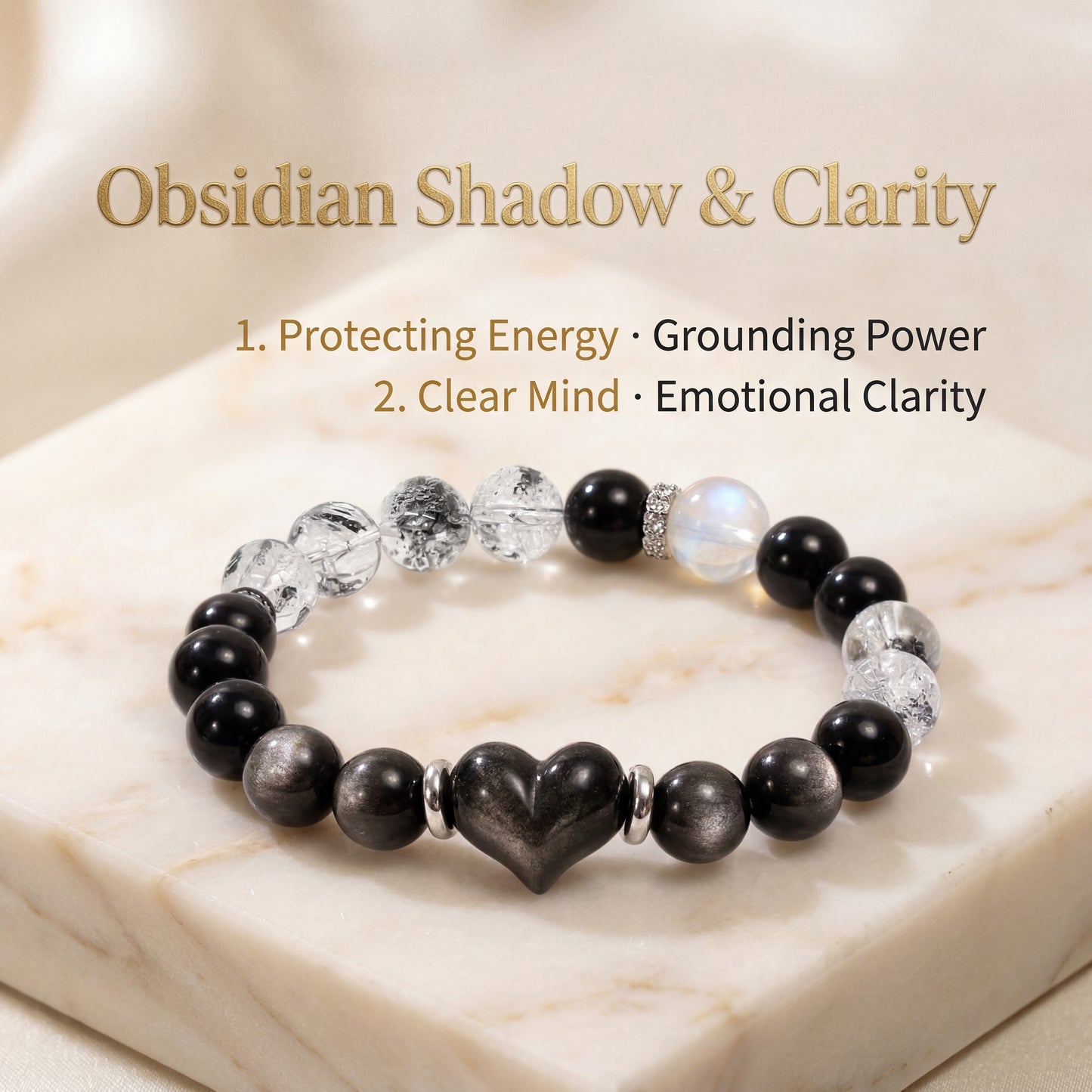 Original Design Double Purification Natural Silver Sheen Obsidian & Herkimer Diamond Bracelet.
