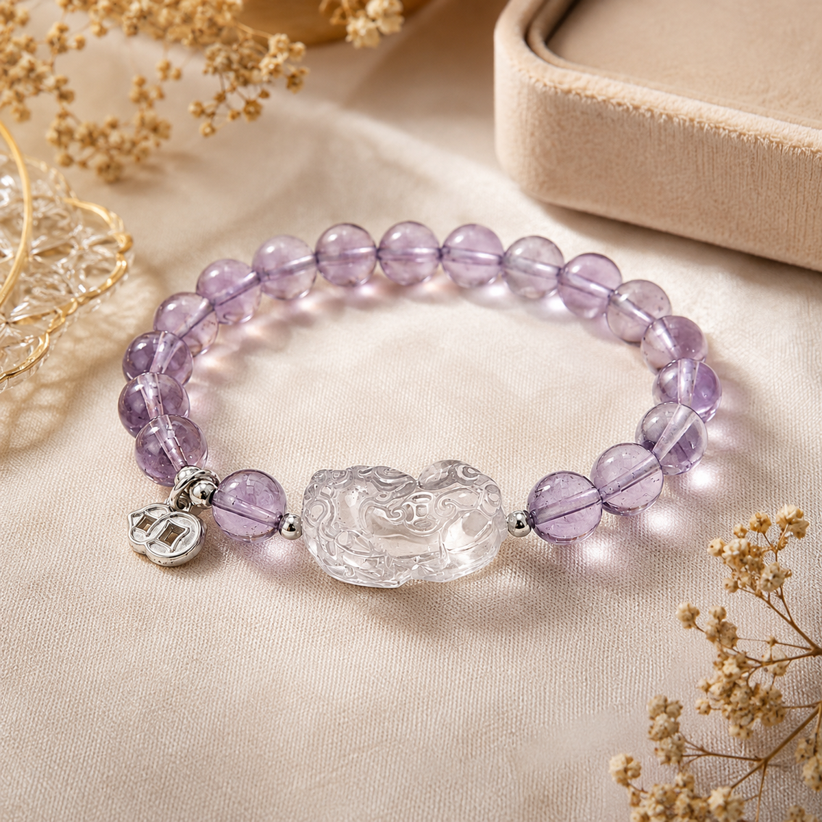 Natural Amethyst & Clear Crystal Pi Xiu Silver Bracelet - side angle