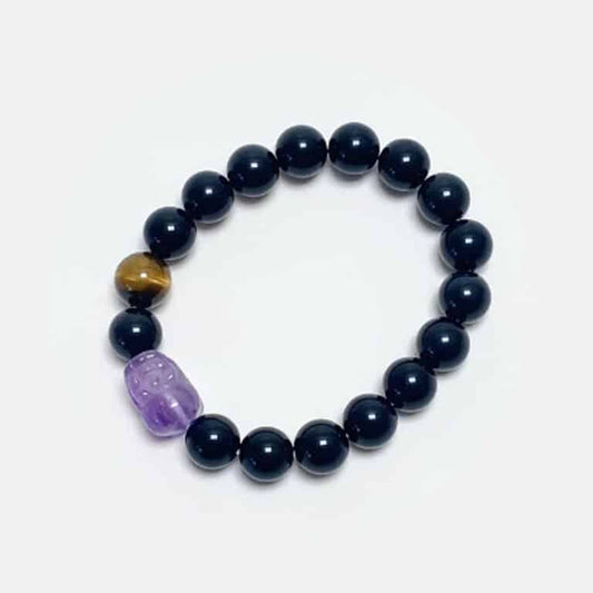 “Purple Fortune” Amethyst & Black Obsidian Pi Xiu Bracelet