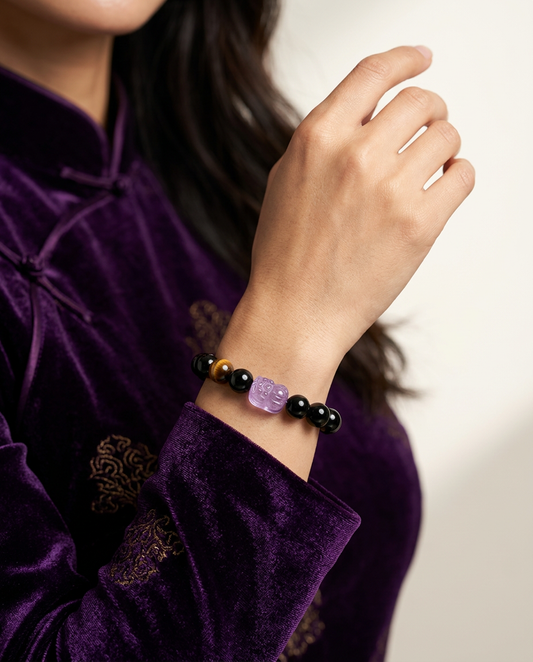 “Purple Fortune” Amethyst & Black Obsidian Pi Xiu Bracelet