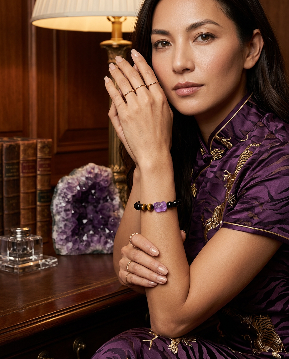 “Purple Fortune” Amethyst & Black Obsidian Pi Xiu Bracelet