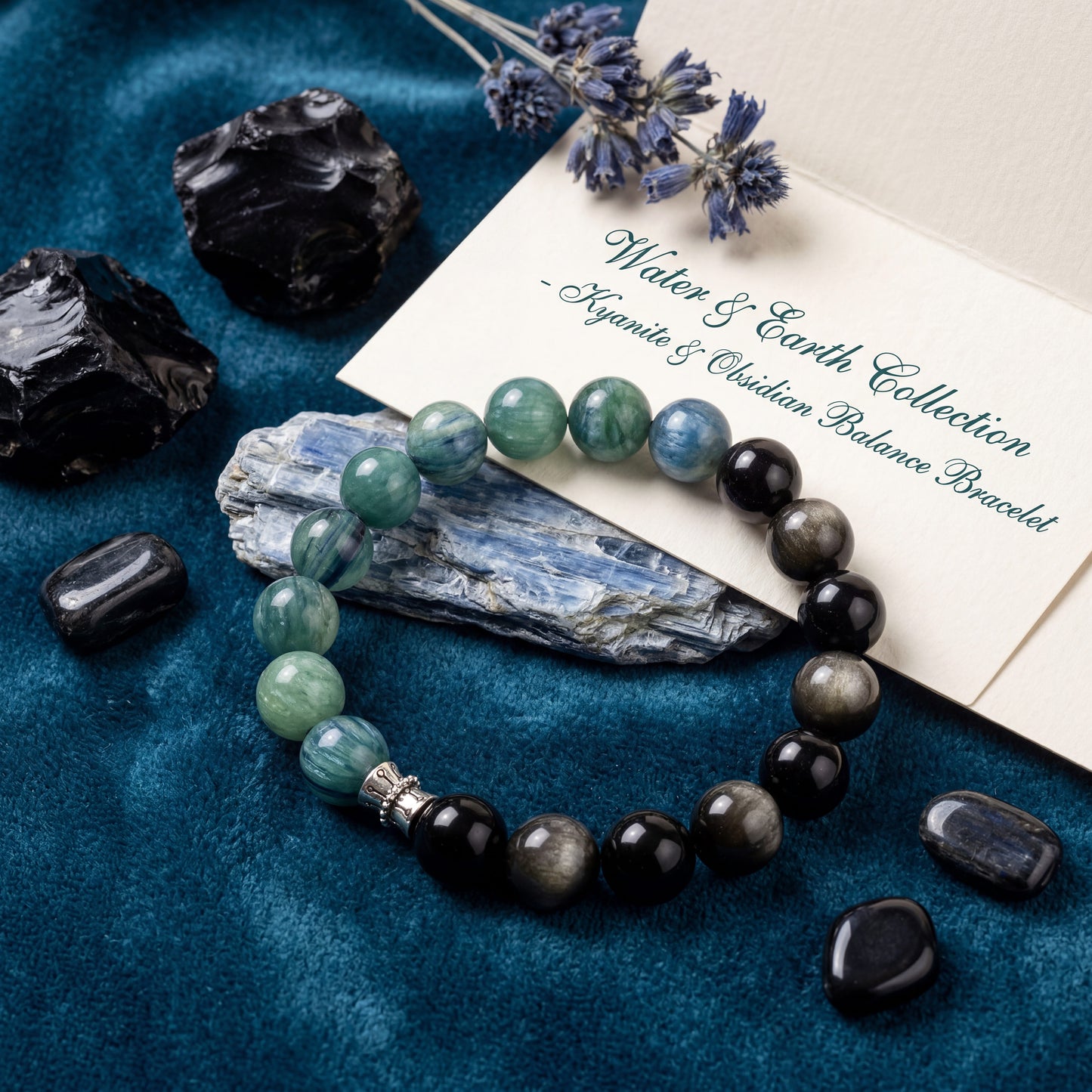 Original Design Breakthrough & Balance Natural Silver Obsidian and Blue-Green Crystal Bracelet - on display