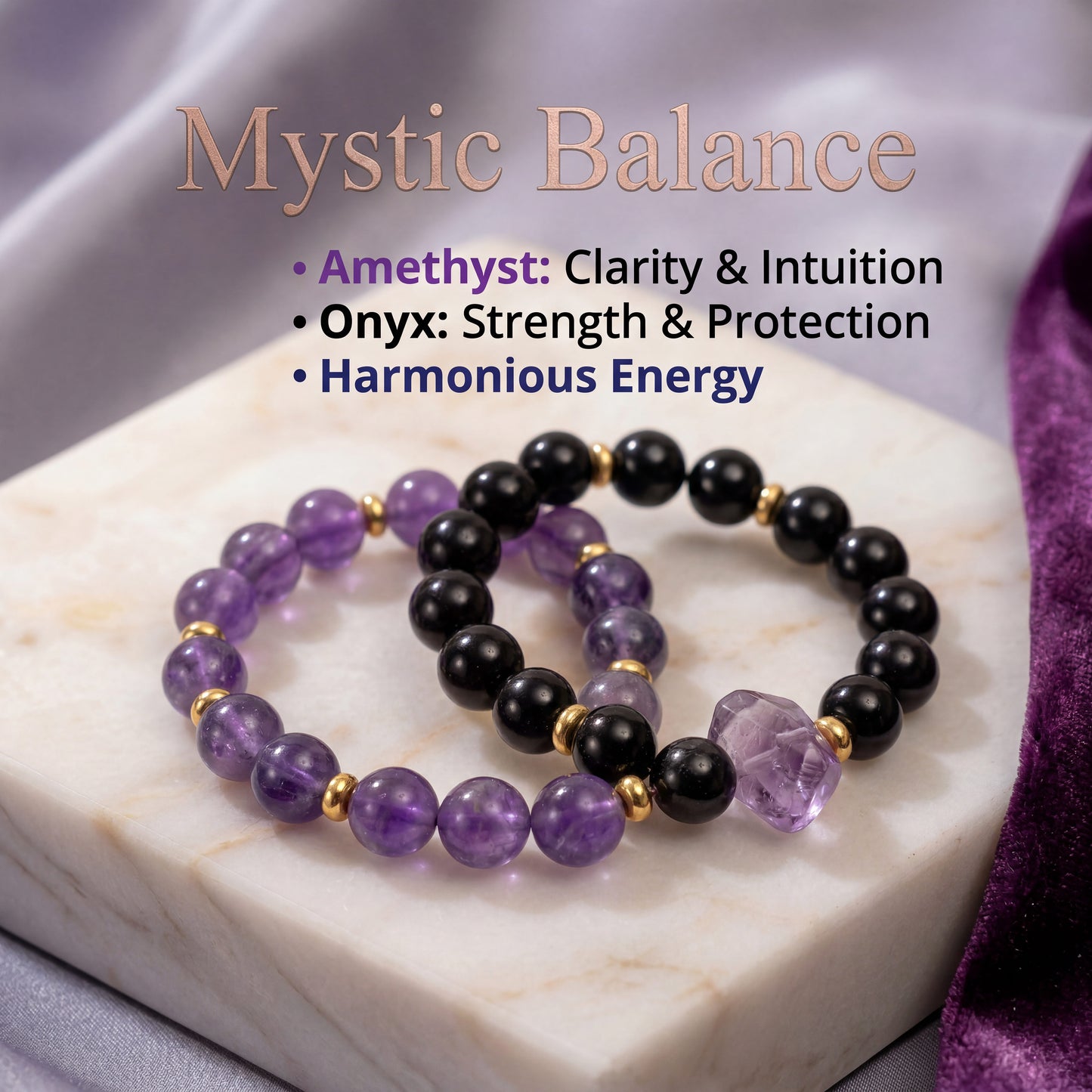 Original Design Natural Black Onyx & Amethyst Layered Bracelet