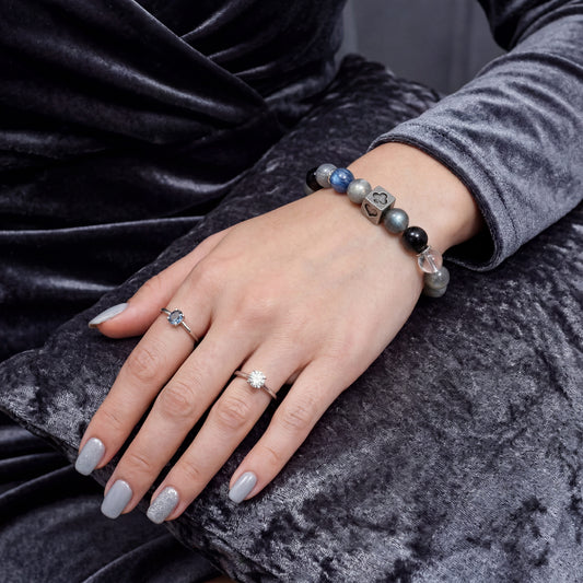 Tough Yet Tender — "Energy Shield" Natural Gray Moonstone & Silver Obsidian Bracelet