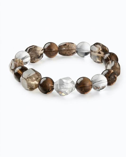 “Shan He Ling” Natural Smoky Quartz & White Crystal Raw Bead Bracelet