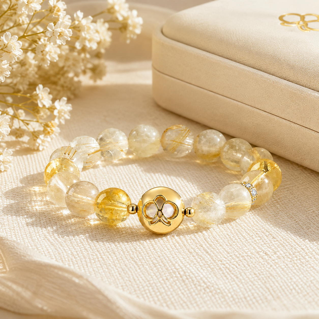 Solar Flare Natural Citrine & Rutilated Quartz Bracelet - on display