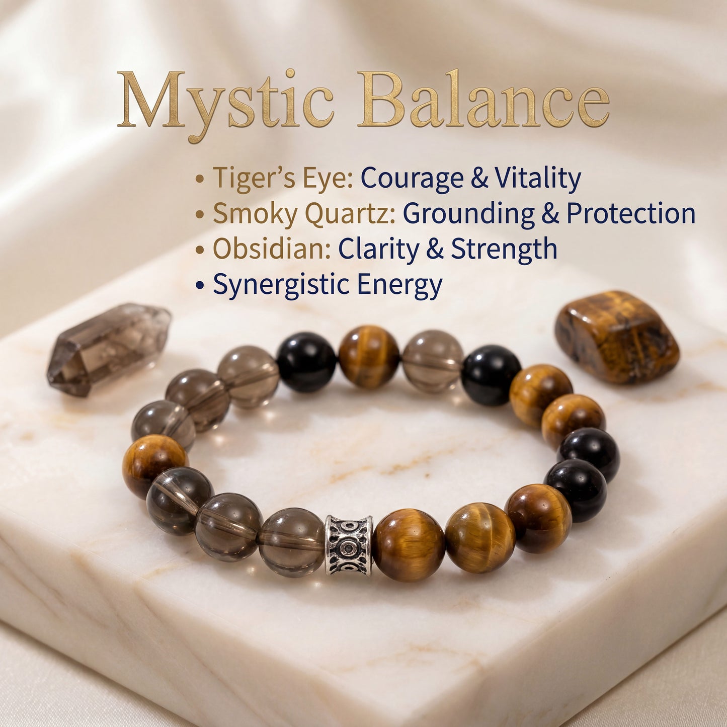 Career & Protection Bracelet – Golden Tiger's Eye, Silver Obsidian, Smoky Quartz (Original Design)