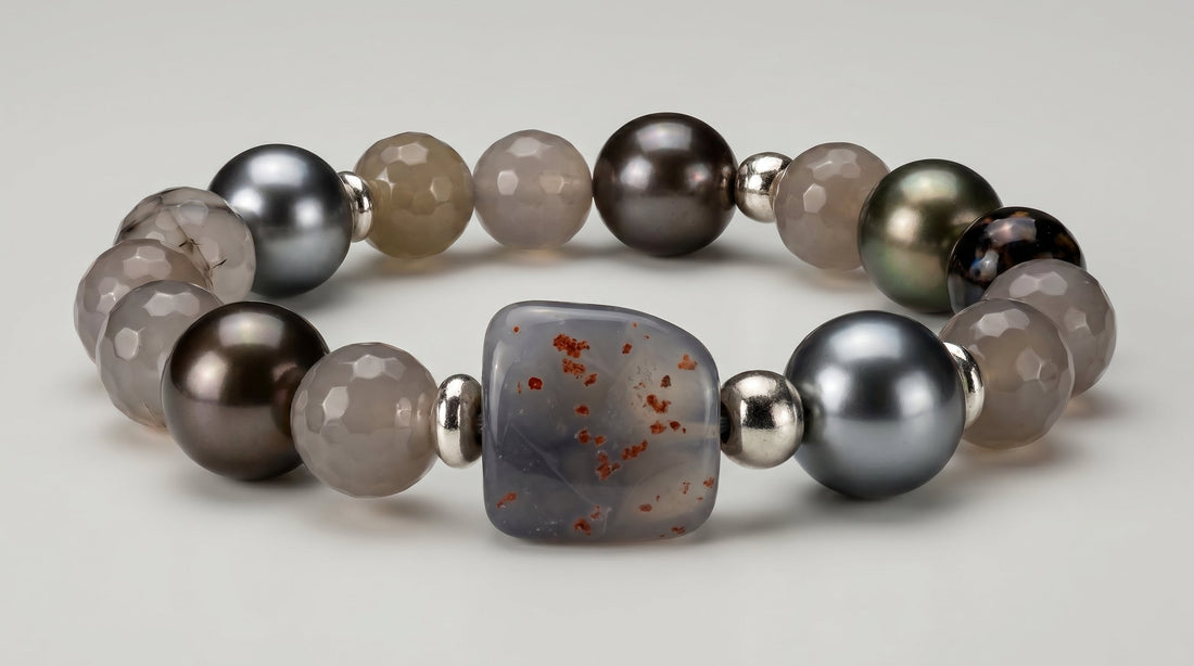 Health and Fortune Gray Agate Bracelet with Shell Beads: A Touch of Harmony