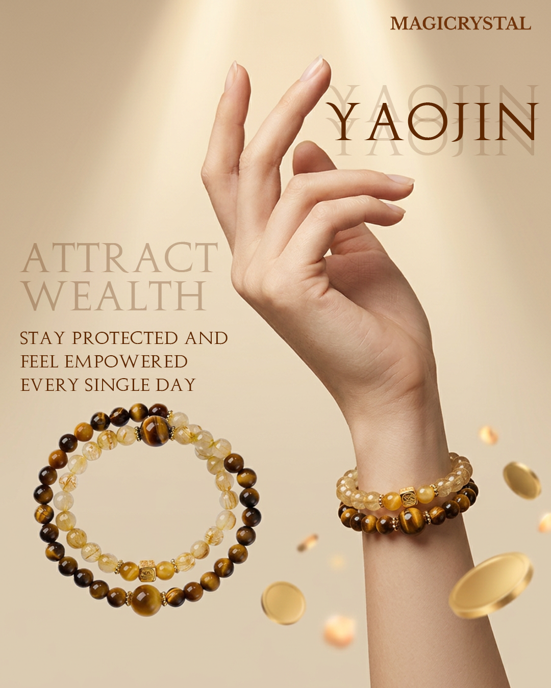 Yaojin Natural Rutilated Quartz & Tiger’s Eye Beaded Bracelet