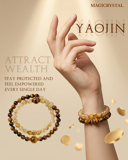 “Yaojin” Natural Rutilated Quartz & Tiger’s Eye Beaded Bracelet