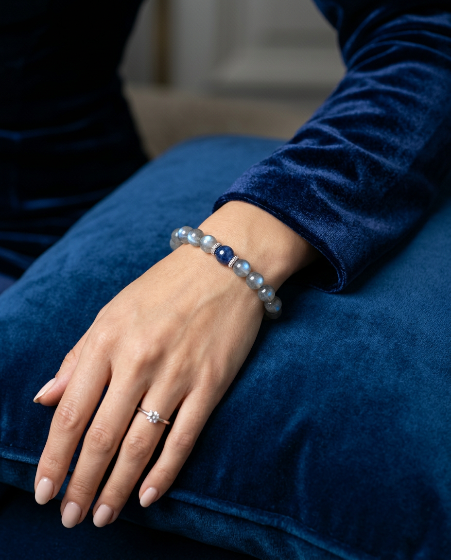 “Beyond Blue” Natural Moonstone Beaded Bracelet