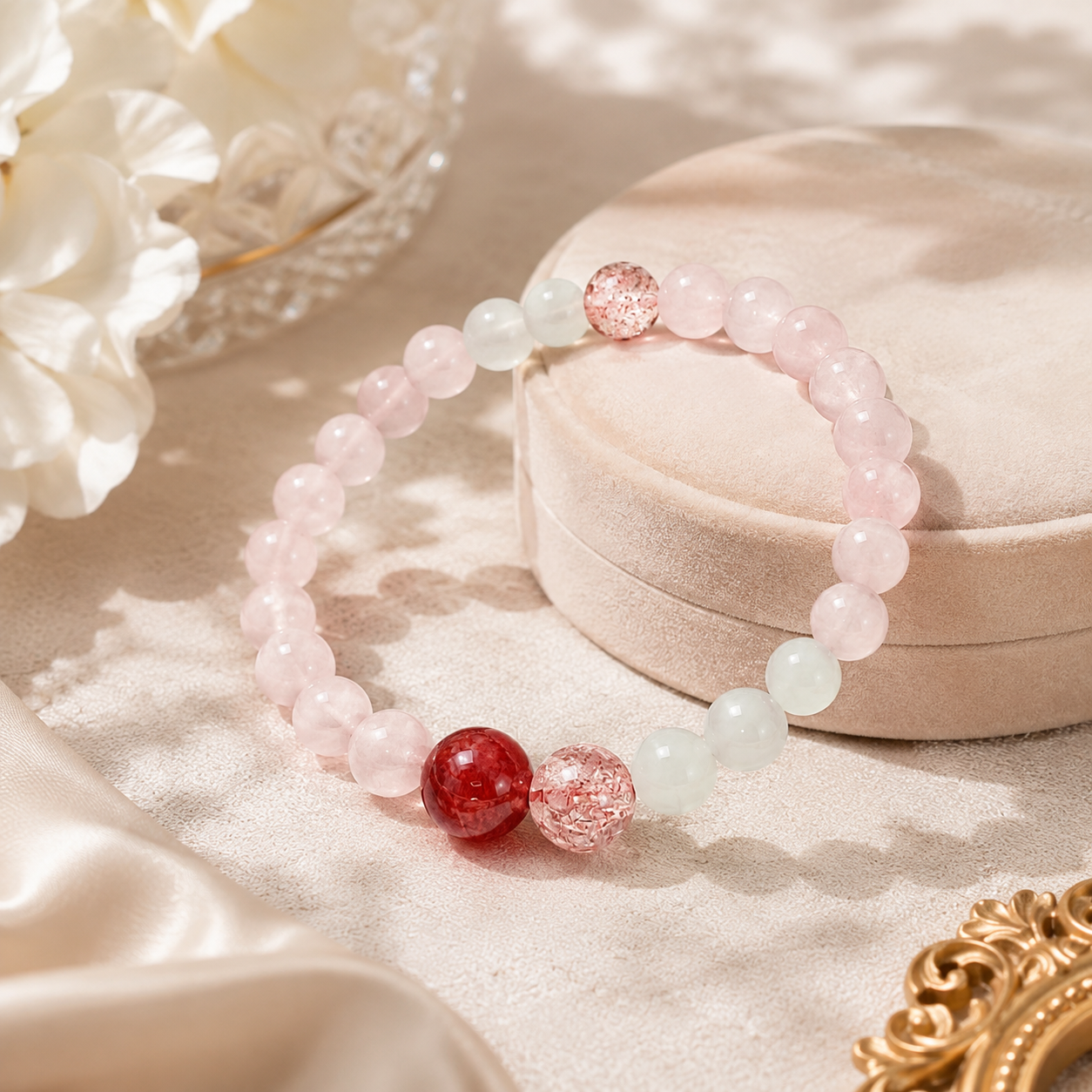 Blossom Moon Strawberry Quartz & Peach Moonstone Bracelet - side angle