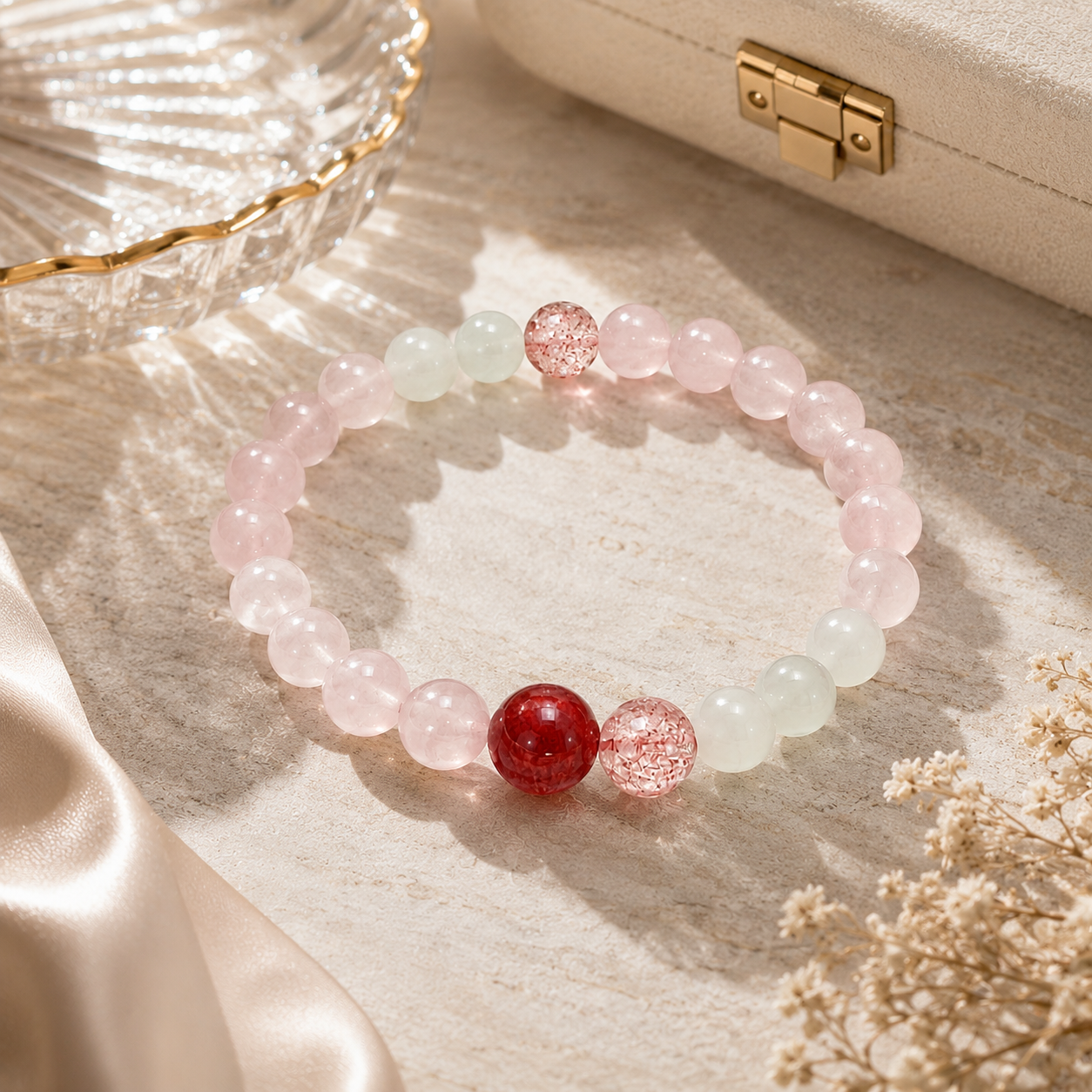Blossom Moon Strawberry Quartz & Peach Moonstone Bracelet - on display
