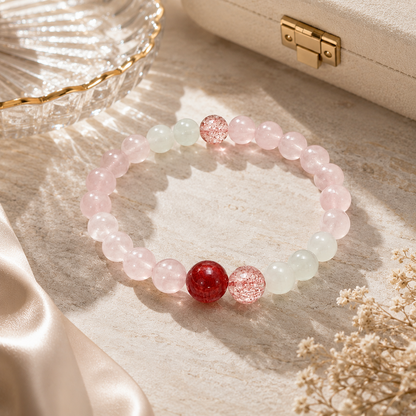 Blossom Moon Strawberry Quartz & Peach Moonstone Bracelet - on display