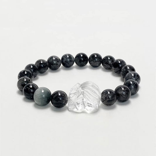 “Cloud Ascender” Black Rutilated Quartz & Eagle Eye Crystal Fox Bracelet