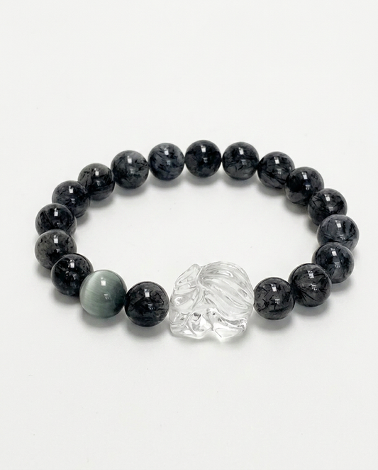 “Cloud Ascender” Black Rutilated Quartz & Eagle Eye Crystal Fox Bracelet