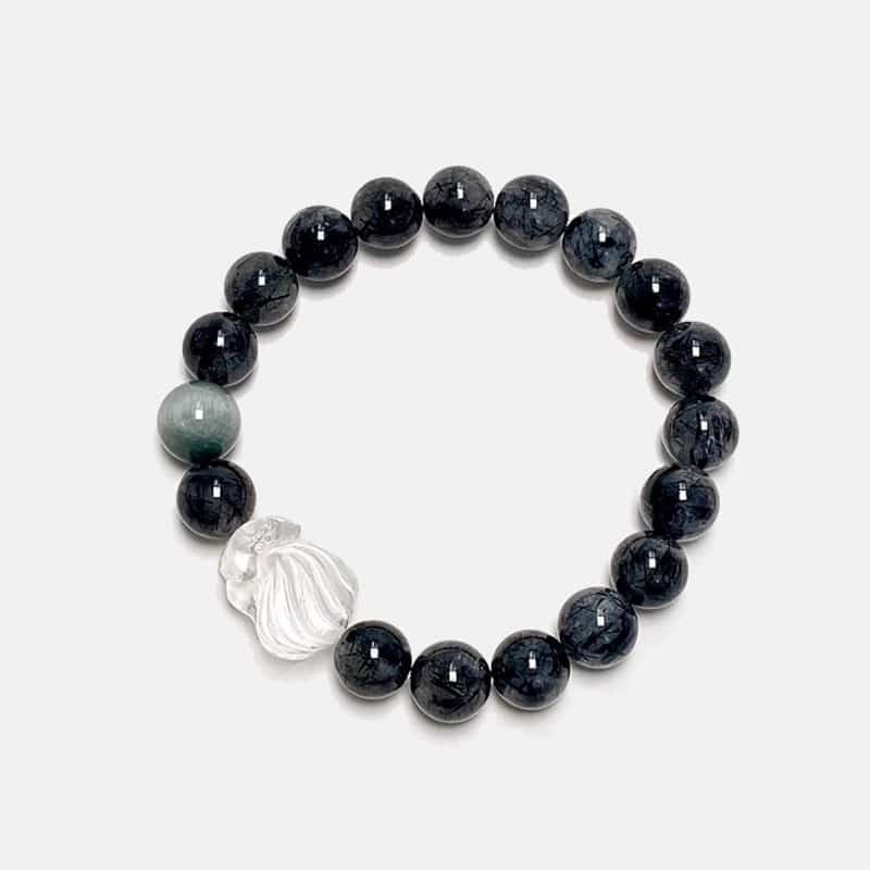 “Cloud Ascender” Black Rutilated Quartz & Eagle Eye Crystal Fox Bracelet