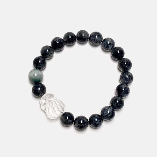 “Cloud Ascender” Black Rutilated Quartz & Eagle Eye Crystal Fox Bracelet