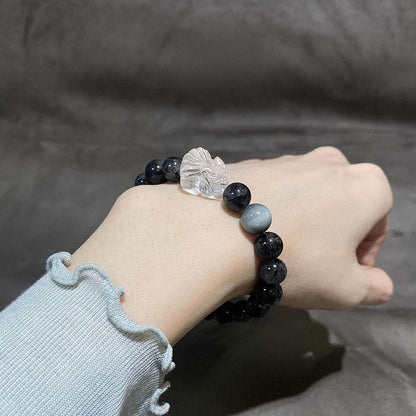 “Cloud Ascender” Black Rutilated Quartz & Eagle Eye Crystal Fox Bracelet