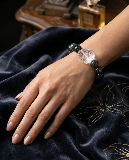 “Cloud Ascender” Black Rutilated Quartz & Eagle Eye Crystal Fox Bracelet