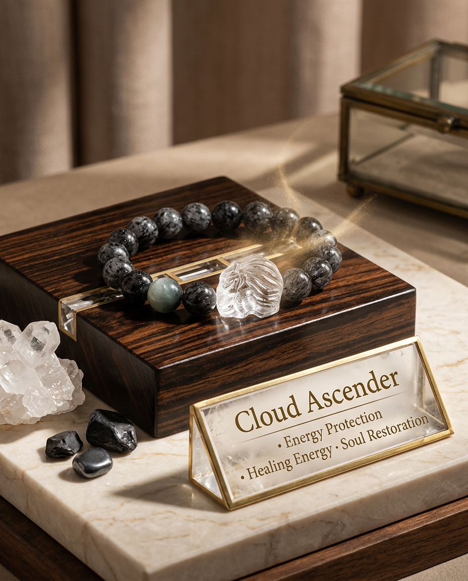 “Cloud Ascender” Black Rutilated Quartz & Eagle Eye Crystal Fox Bracelet