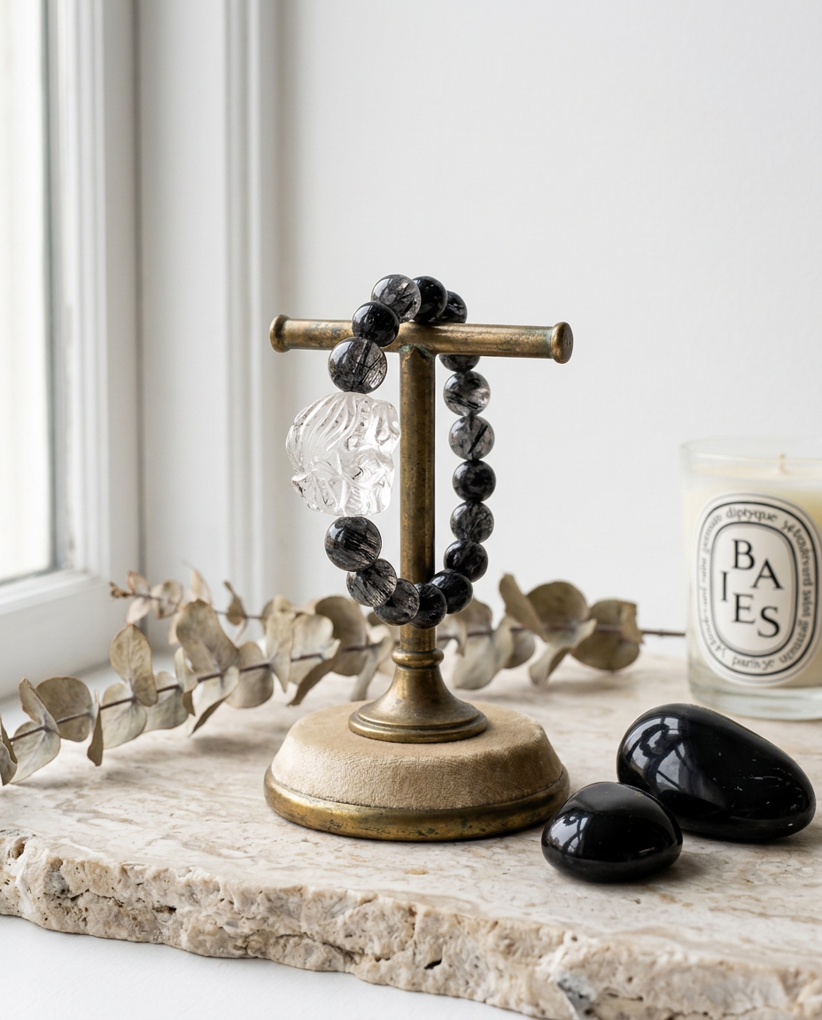 “Cloud Ascender” Black Rutilated Quartz & Eagle Eye Crystal Fox Bracelet