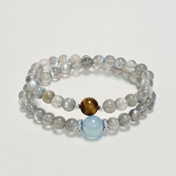“Cosmic Message” Aquamarine and Moonstone Tiger Eye Double Layer Bracelet
