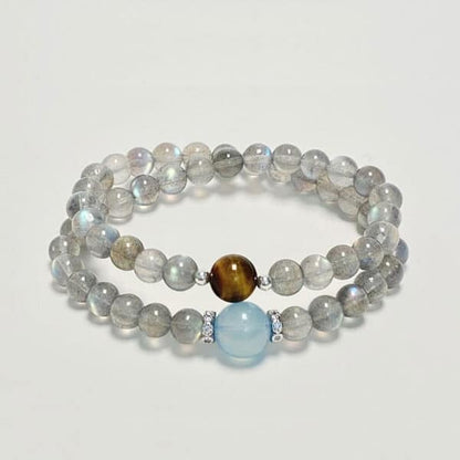 “Cosmic Message” Aquamarine and Moonstone Tiger Eye Double Layer Bracelet