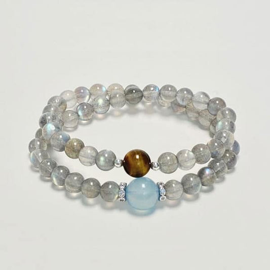“Cosmic Message” Aquamarine and Moonstone Tiger Eye Double Layer Bracelet