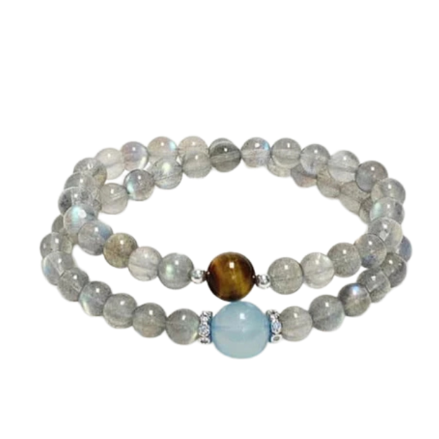“Cosmic Message” Aquamarine and Moonstone Tiger Eye Double Layer Bracelet