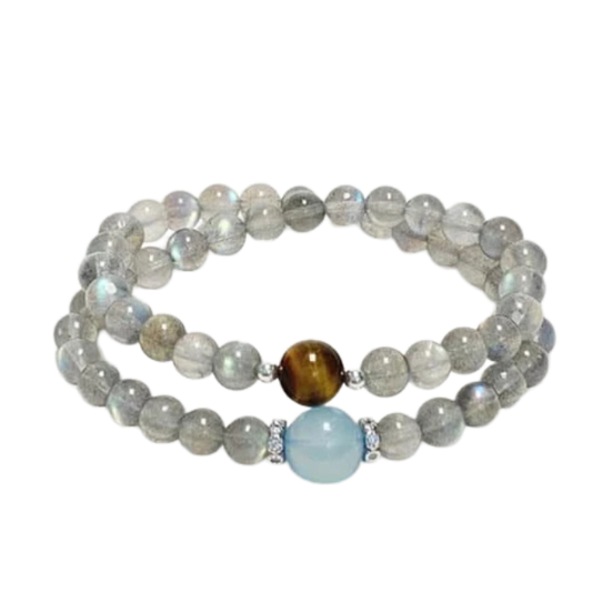 “Cosmic Message” Aquamarine and Moonstone Tiger Eye Double Layer Bracelet