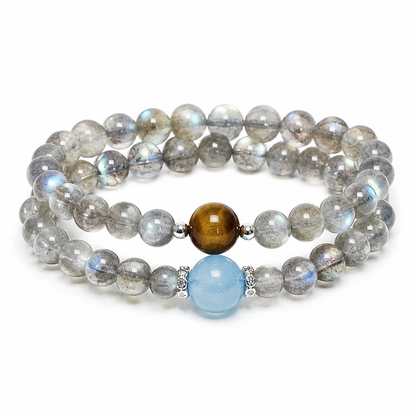 “Cosmic Message” Aquamarine and Moonstone Tiger Eye Double Layer Bracelet