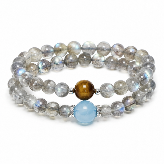“Cosmic Message” Aquamarine and Moonstone Tiger Eye Double Layer Bracelet