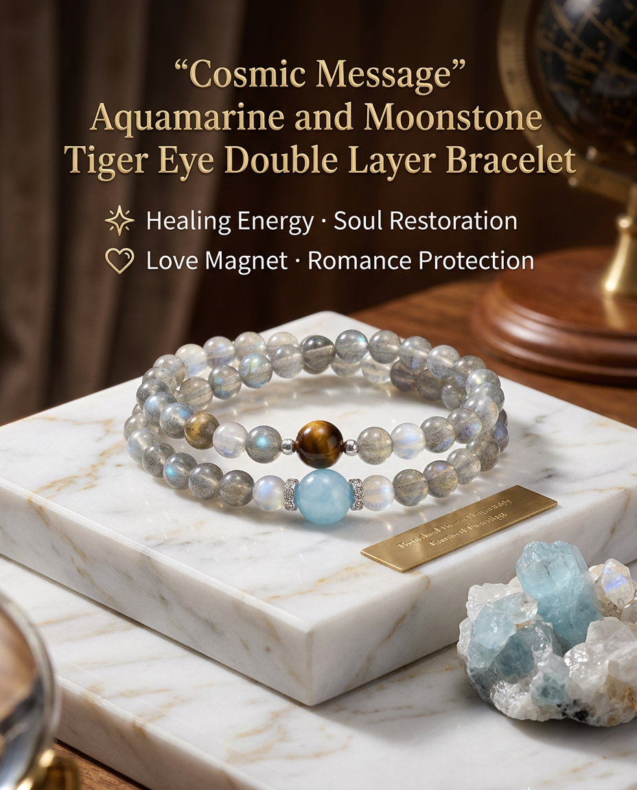 “Cosmic Message” Aquamarine and Moonstone Tiger Eye Double Layer Bracelet