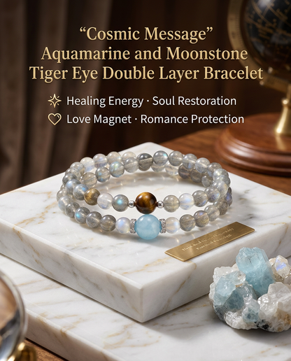 “Cosmic Message” Aquamarine and Moonstone Tiger Eye Double Layer Bracelet