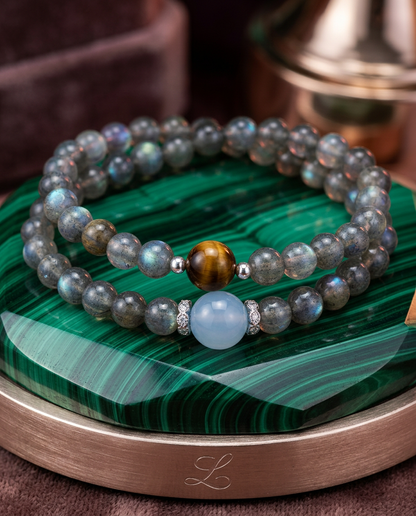 “Cosmic Message” Aquamarine and Moonstone Tiger Eye Double Layer Bracelet