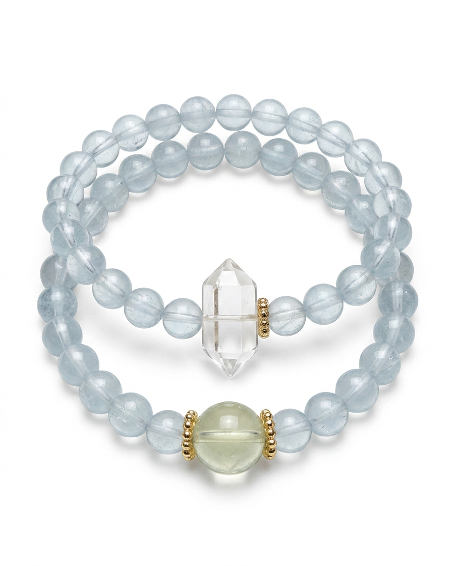 Dawn Natural White & Yellow Double-Terminated Crystal + Aquamarine Beaded Bracelet