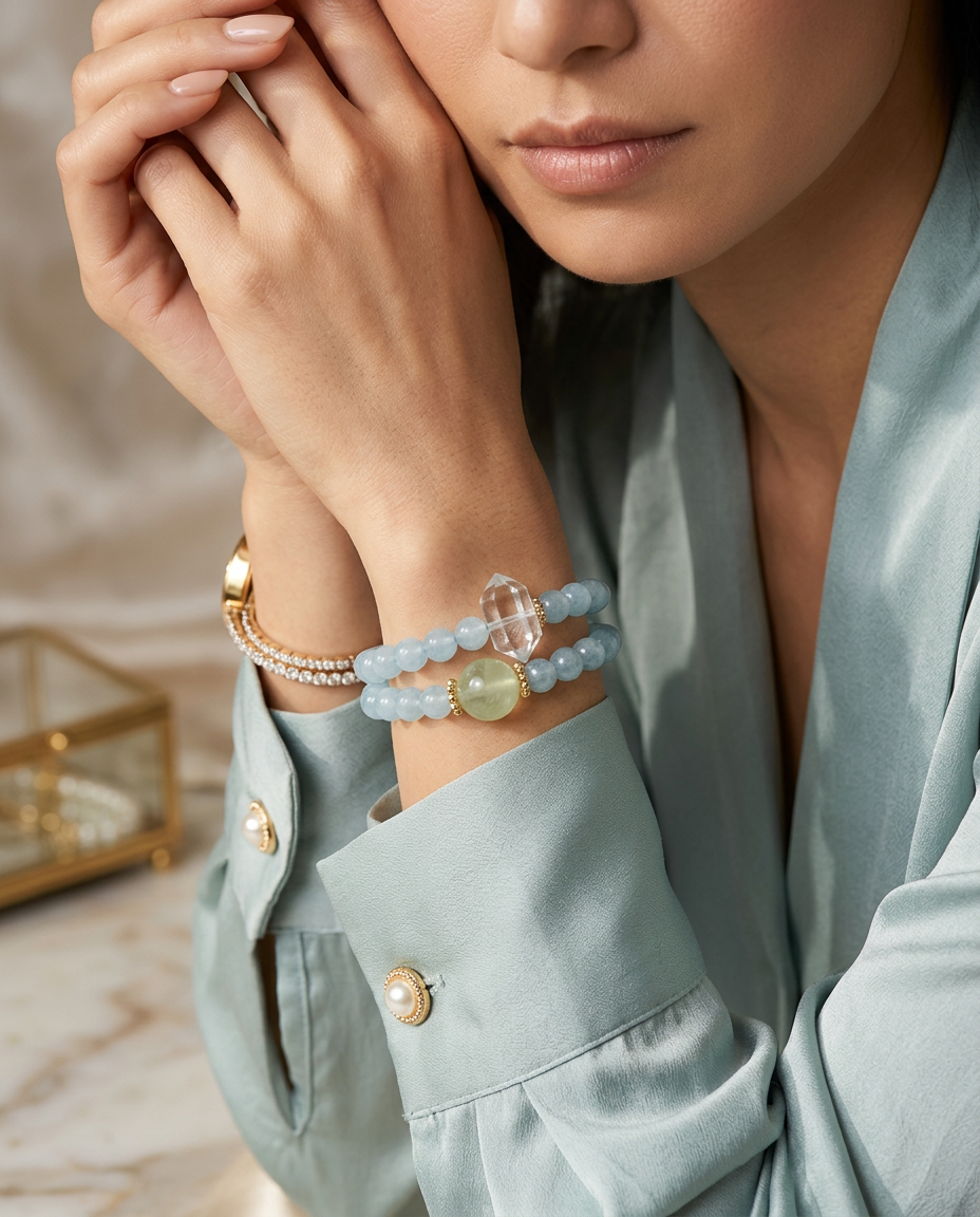Dawn Natural White & Yellow Double-Terminated Crystal + Aquamarine Beaded Bracelet