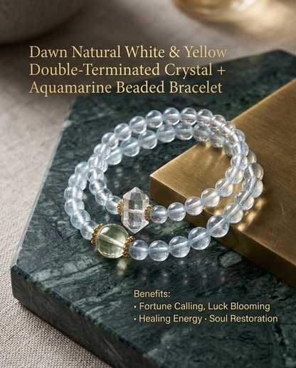 Dawn Natural White & Yellow Double-Terminated Crystal + Aquamarine Beaded Bracelet