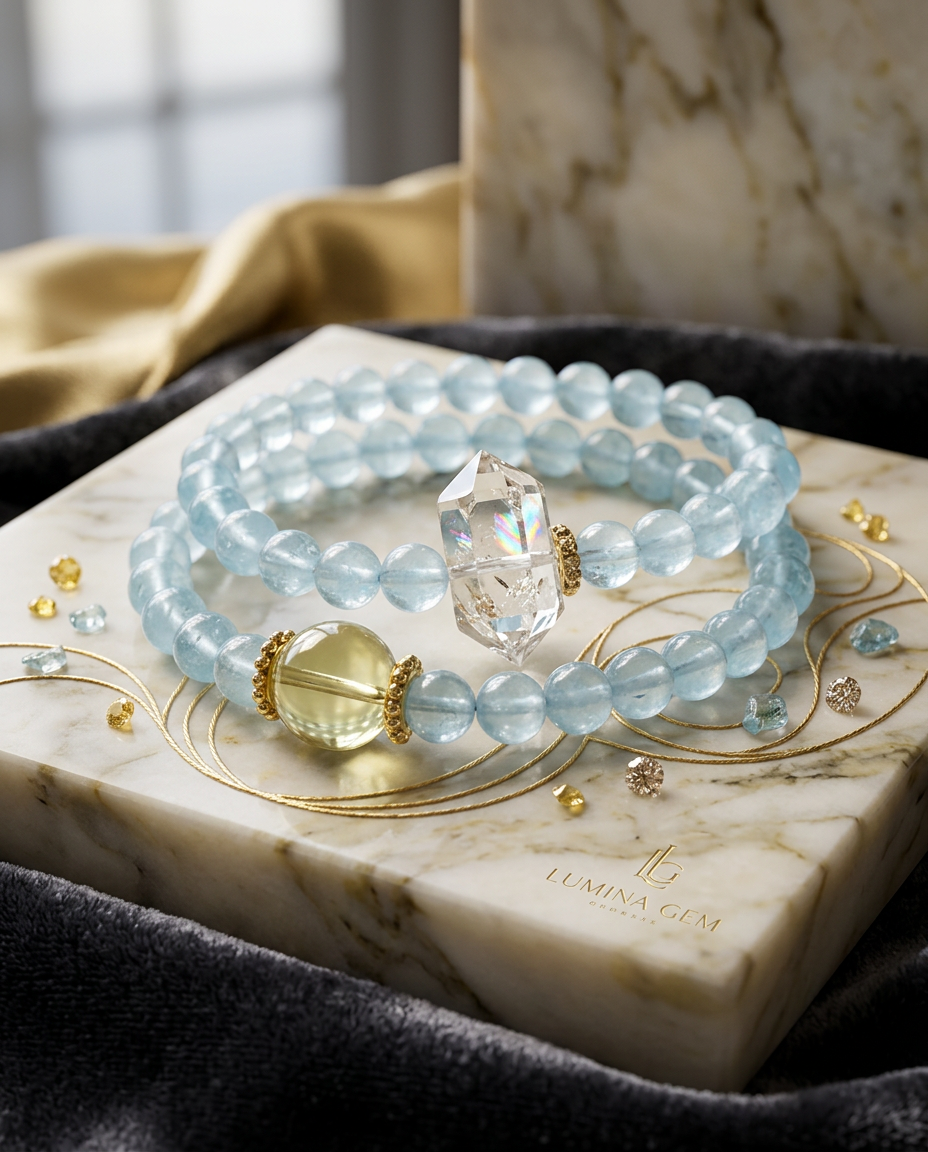 Dawn Natural White & Yellow Double-Terminated Crystal + Aquamarine Beaded Bracelet
