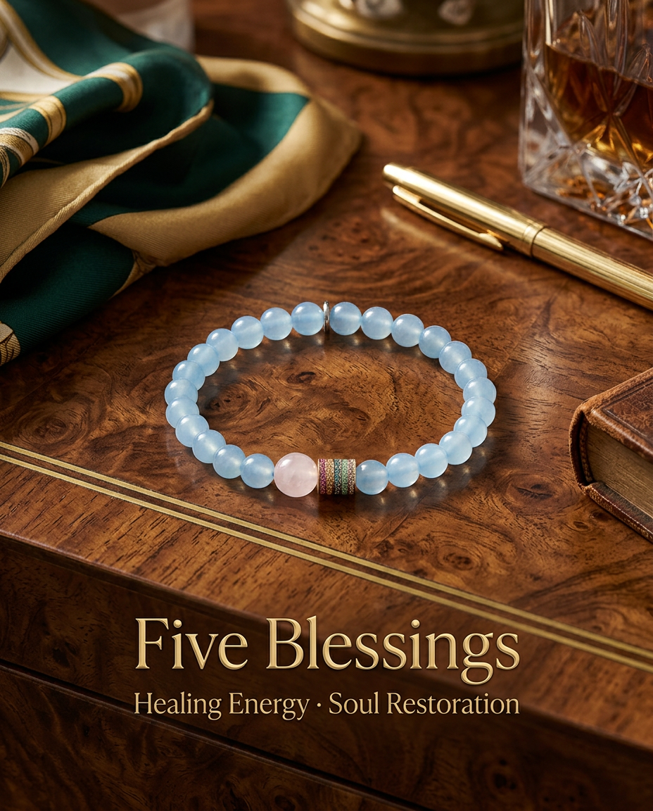 “Five Blessings” Aquamarine Mala Bracelet