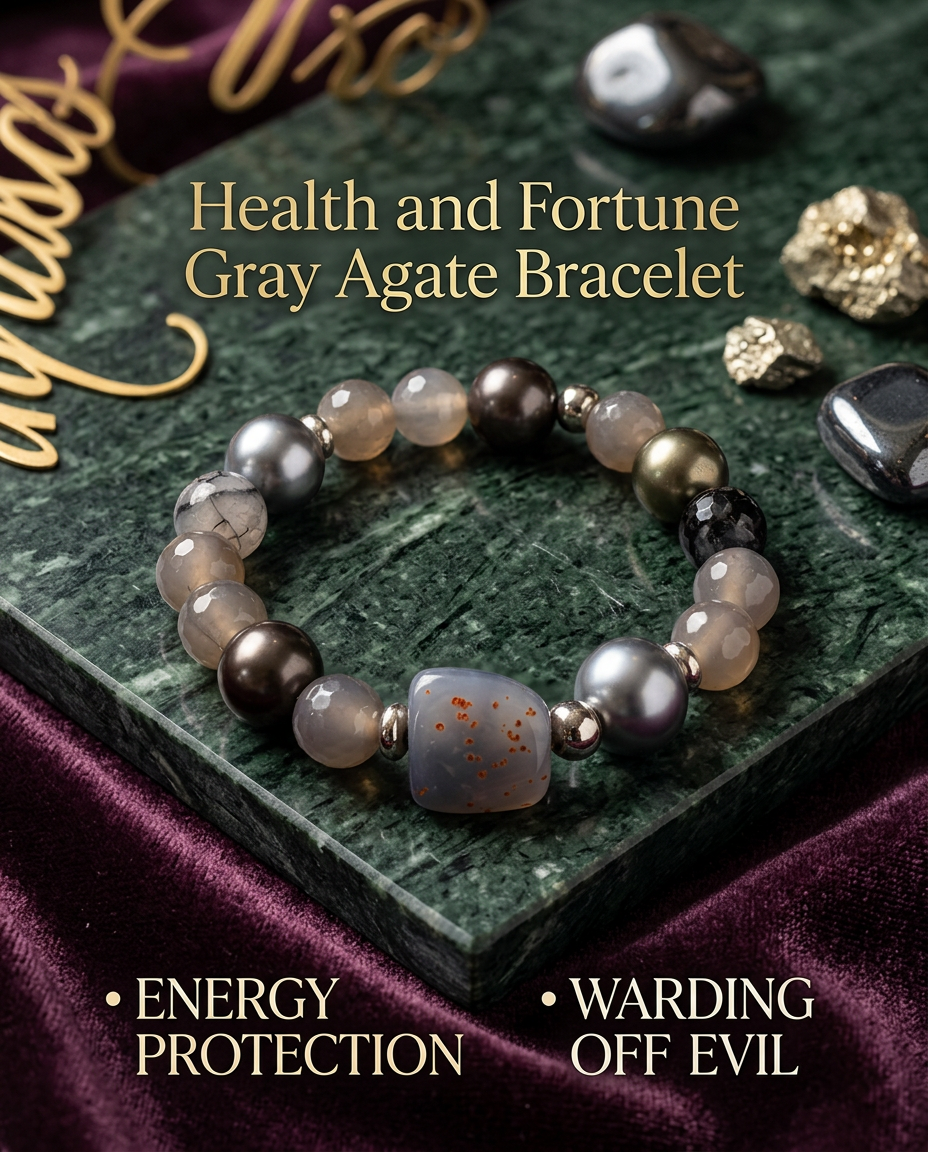 Health and Fortune Gray Agate Bracelet with Shell Beads Harmony
