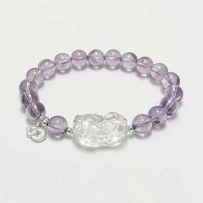 Natural Amethyst & Clear Crystal Pi Xiu Silver Bracelet