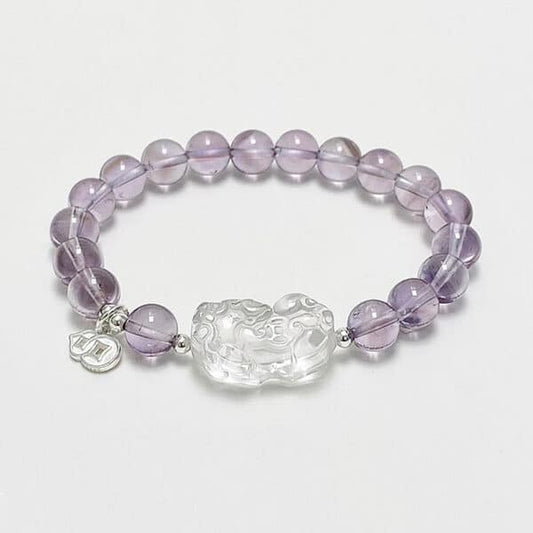 Natural Amethyst & Clear Crystal Pi Xiu Silver Bracelet