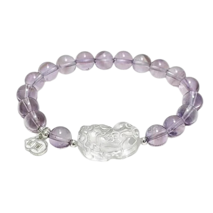 Natural Amethyst & Clear Crystal Pi Xiu Silver Bracelet