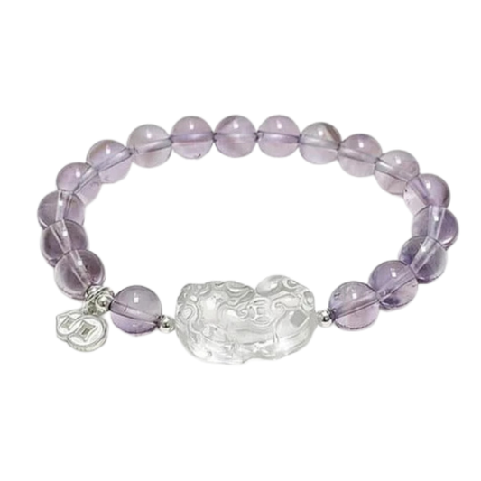 Natural Amethyst & Clear Crystal Pi Xiu Silver Bracelet