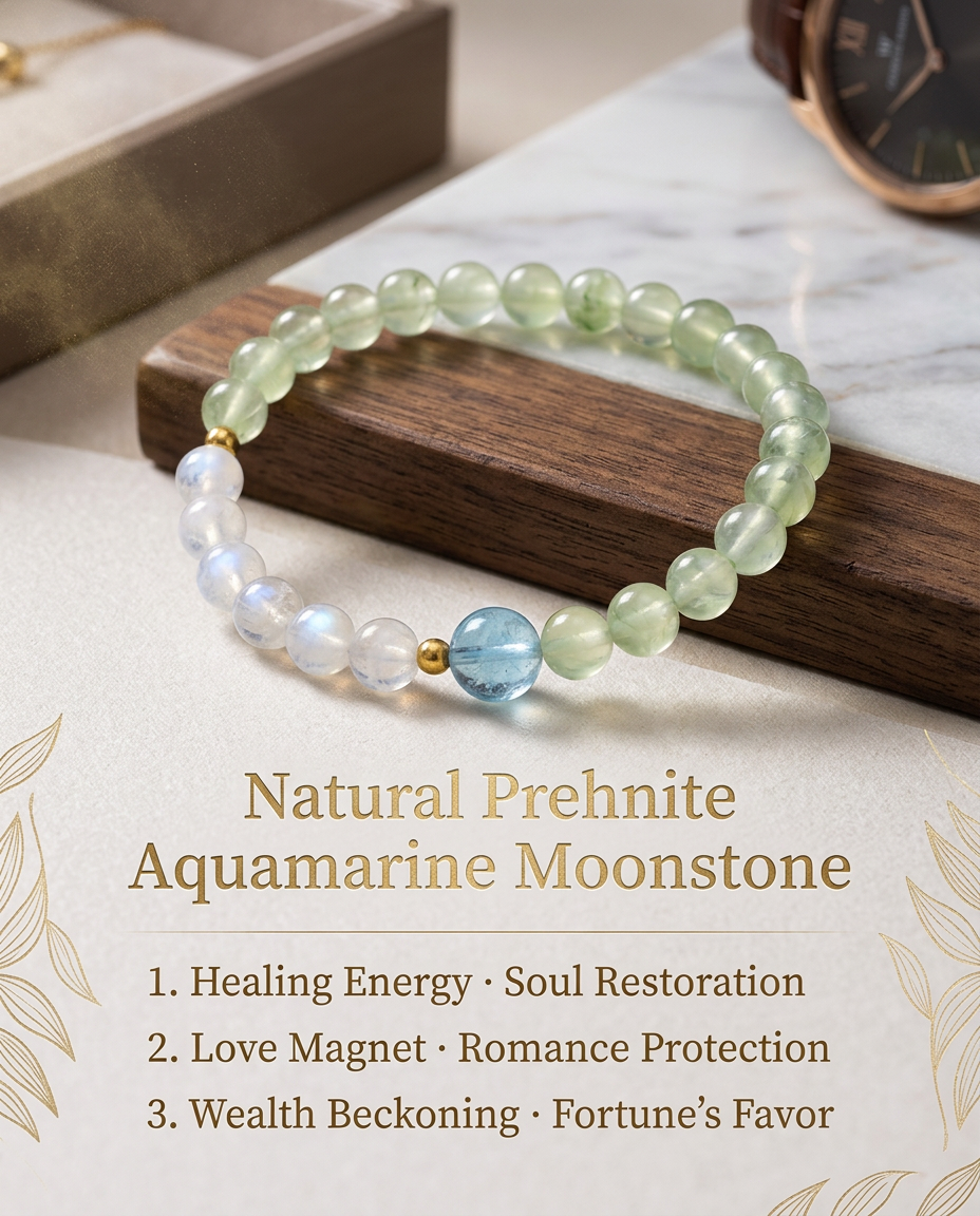 Natural Prehnite Aquamarine Moonstone Bracelet