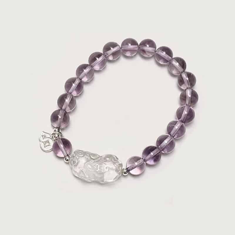 Natural Amethyst & Clear Crystal Pi Xiu Silver Bracelet